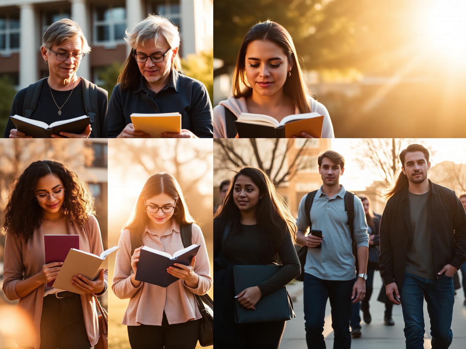 Diverse students walking on campus at golden hour