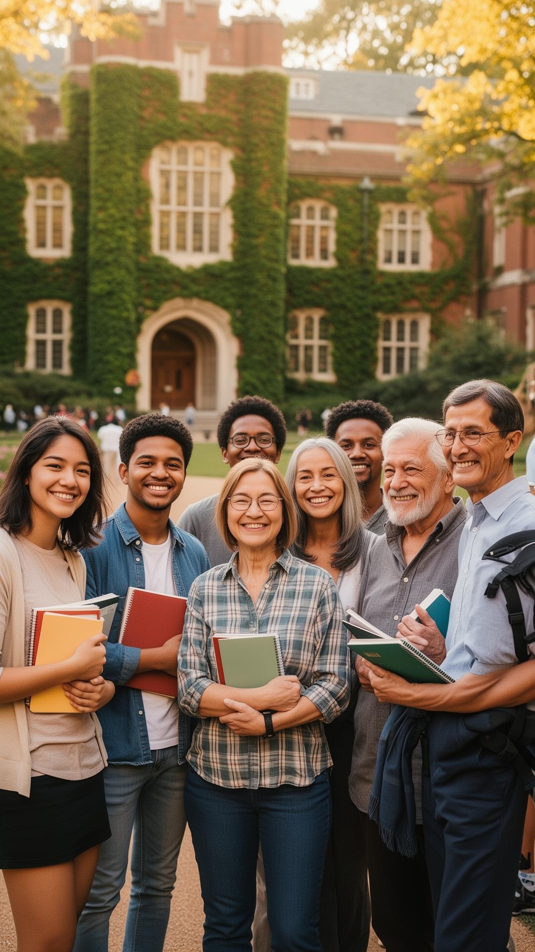 Diverse students walking on campus at golden hour